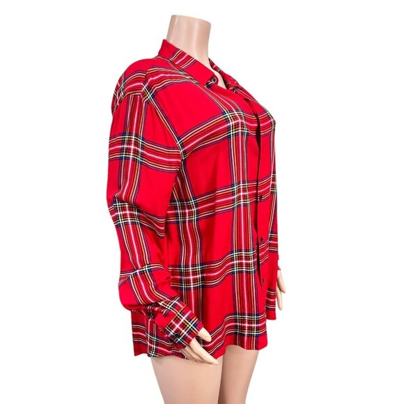 H&M Women Red Plaid Button Down Shirt SZ L Christmas Classic -Holiday Multicolor - Picture 10 of 15